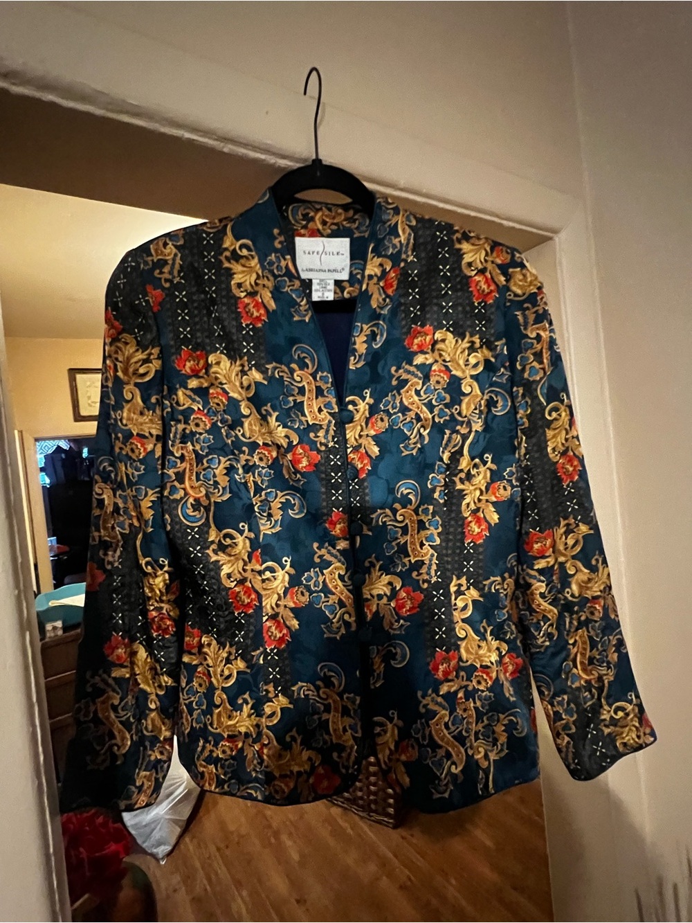 Adrianna Papell Teal Floral Brocade Blazer with Gold & Red Accents
